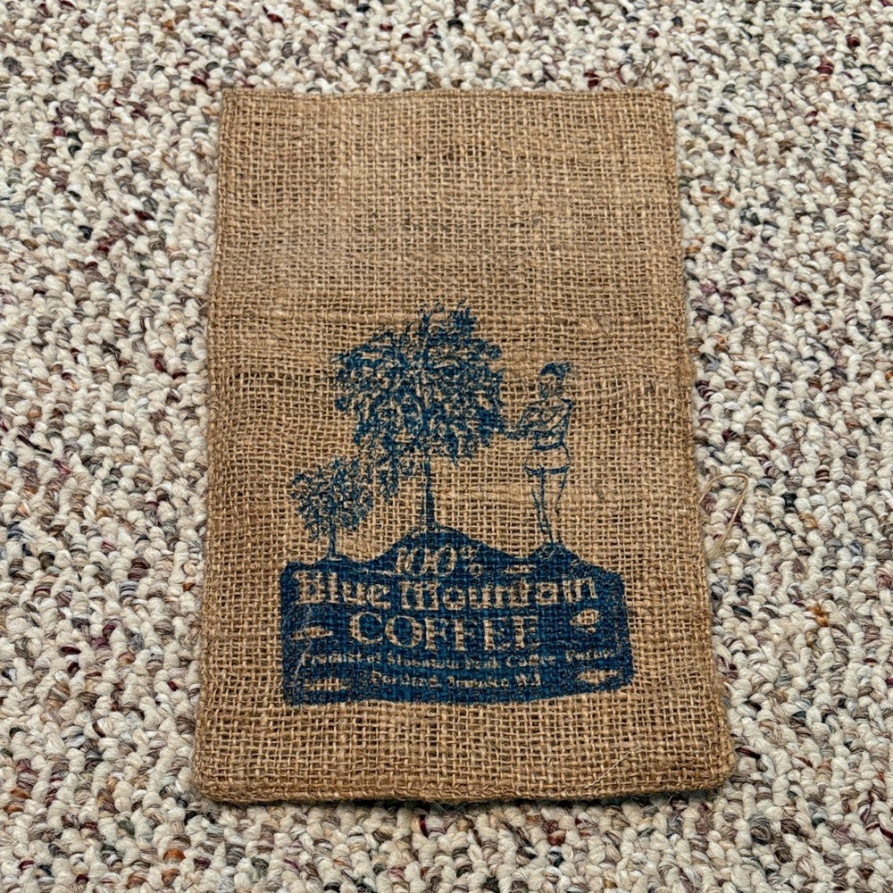 Blue Mountain Coffee Burlap Sack - Natural Brown with Navy Print